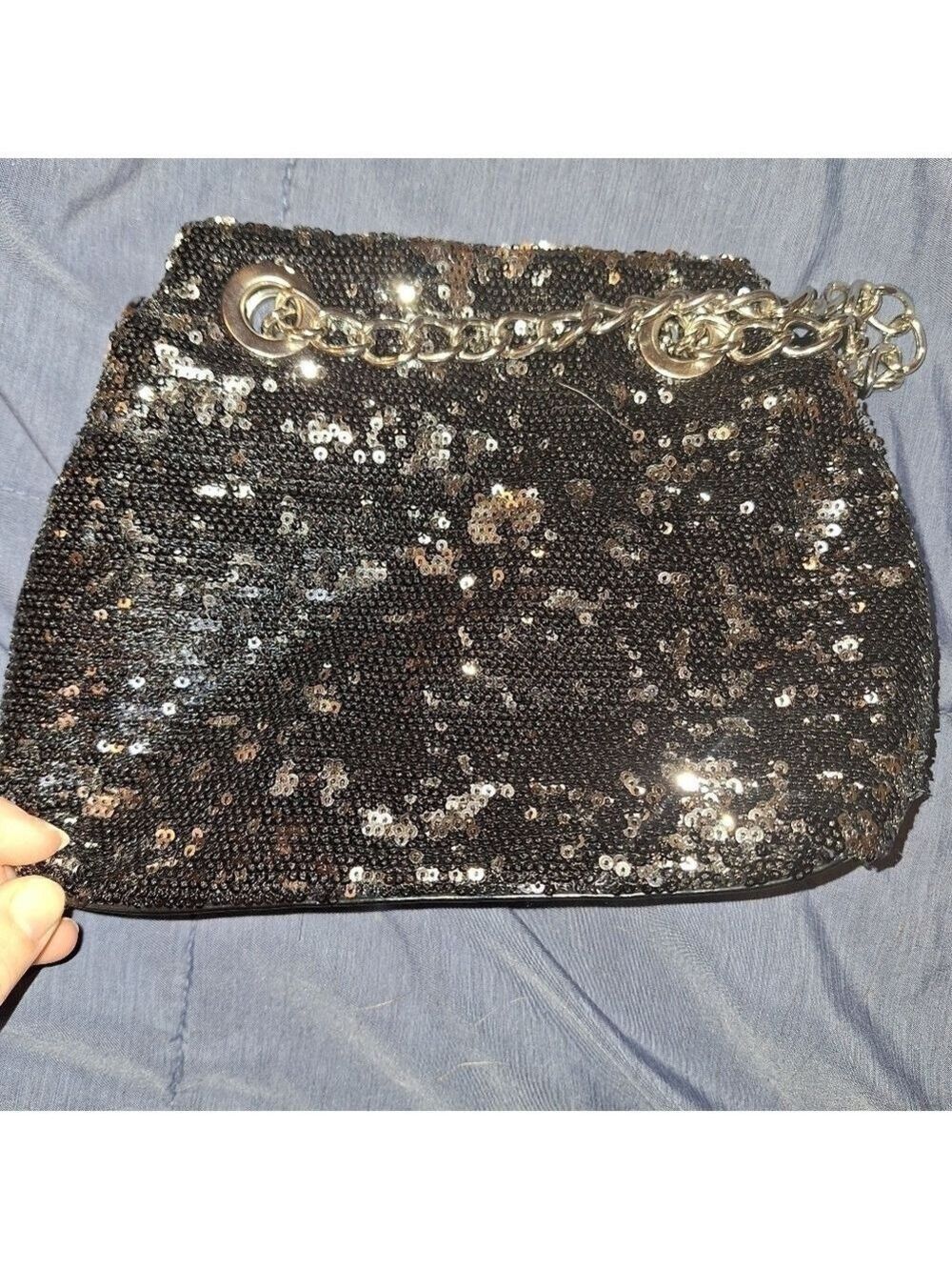 Fiona Lang Small Black Sequin Purse Celebration Party Chain Bag - Picture 2 of 4
